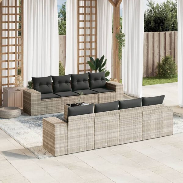 vidaXL Salon de jardin 9 pcs avec coussins gris clair r&eacute;sine tress&eacute;e