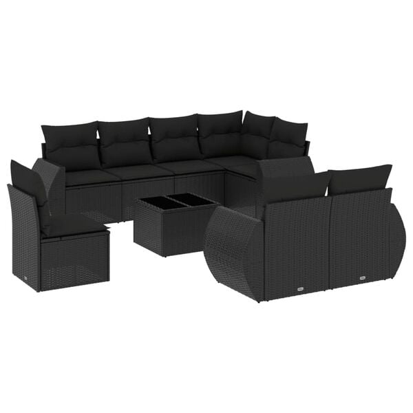 vidaXL Salon de jardin 9 pcs avec coussins noir r&eacute;sine tress&eacute;e