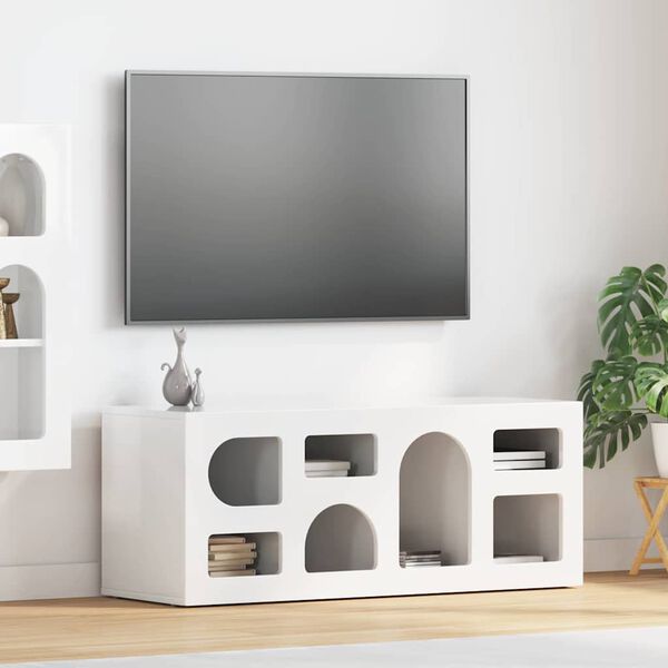 vidaXL Meuble TV Blanc brillant 100 x 35 x 40 cm Bois d'ing&eacute;nierie