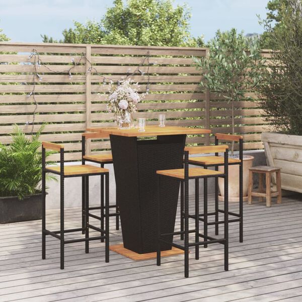 vidaXL Ensemble de bar jardin 5 pcs noir poly rotin/bois massif acacia