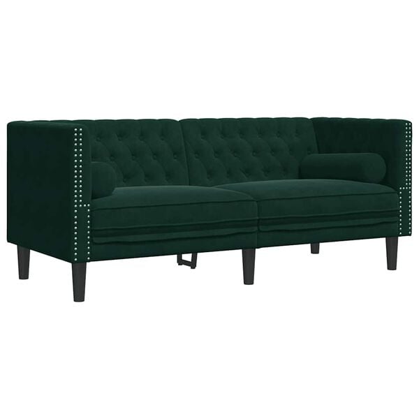 vidaXL Canapé Chesterfield avec traversins 2 places vert foncé velours