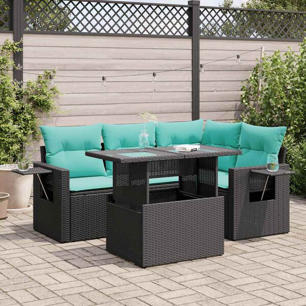 vidaXL Salon de jardin avec coussins 5pcs noir r&eacute;sine tress&eacute;e acacia