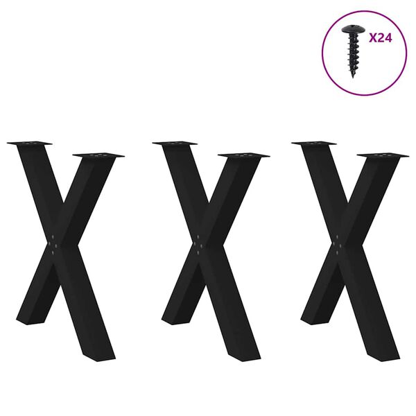 vidaXL Pieds de table &agrave; manger en forme de X, 3 pi&egrave;ces, noir, 70 x (72-73) cm, acier
