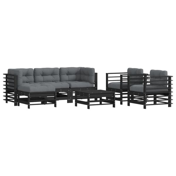 vidaXL Salon de jardin 7 pcs avec coussins noir bois massif