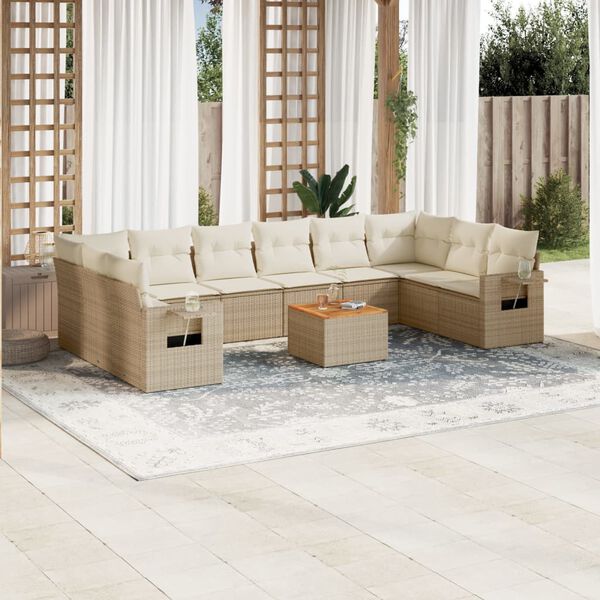 vidaXL Salon de jardin 11 pcs avec coussins beige r&eacute;sine tress&eacute;e
