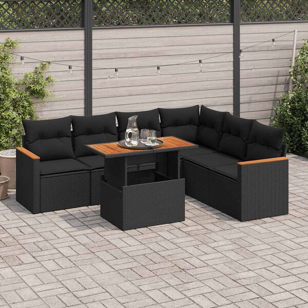 vidaXL Salon de jardin avec coussins 7 pcs noir r&eacute;sine tress&eacute;e acacia