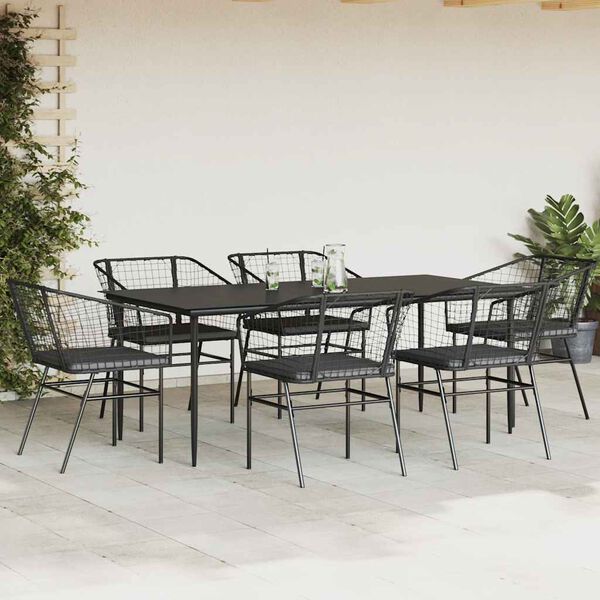 vidaXL Ensemble &agrave; manger de jardin coussins 7pcs noir poly rotin verre