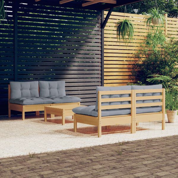 vidaXL Salon de jardin 5 pcs avec coussins gris bois de pin