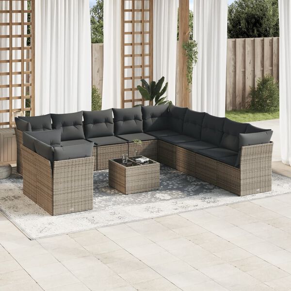 vidaXL Salon de jardin avec coussins 12 pcs gris r&eacute;sine tress&eacute;e