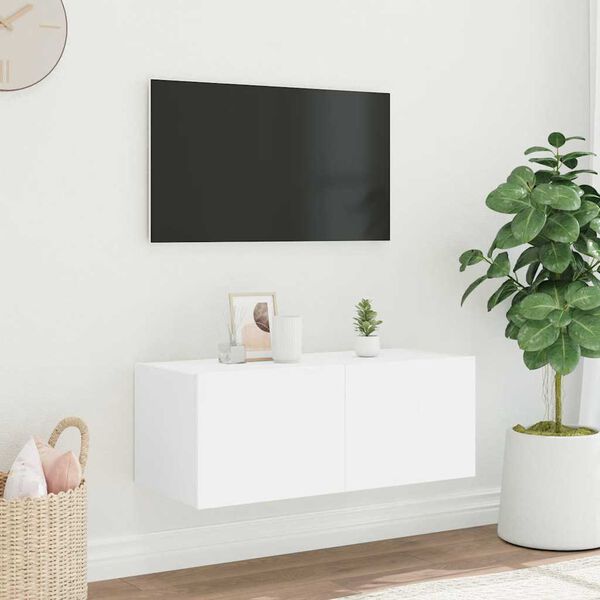 vidaXL Meuble TV mural avec lumi&egrave;res LED blanc 80x35x31 cm