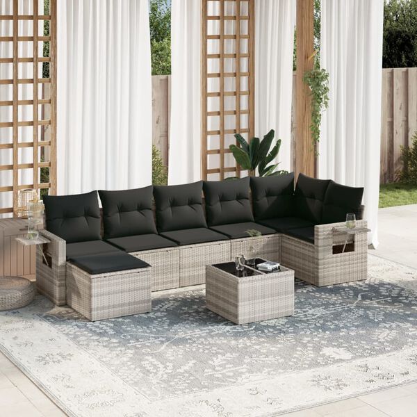 vidaXL Salon de jardin 8 pcs avec coussins gris clair r&eacute;sine tress&eacute;e