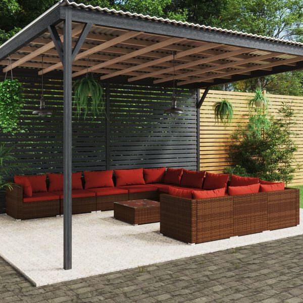 vidaXL Salon de jardin 12 pcs avec coussins Résine tressée Marron