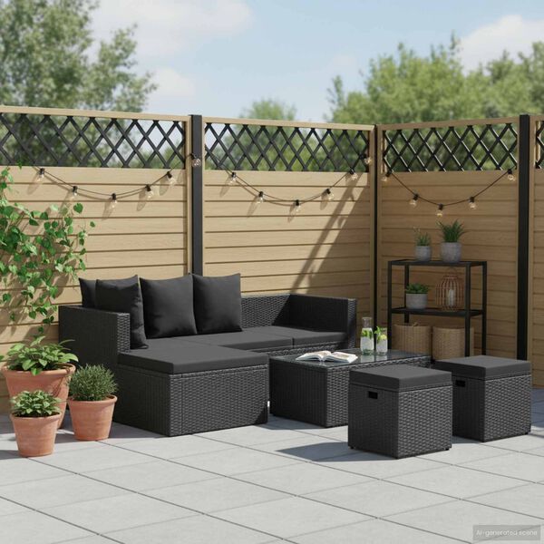vidaXL Salon de jardin 4 pcs Noir avec coussins Résine tressée