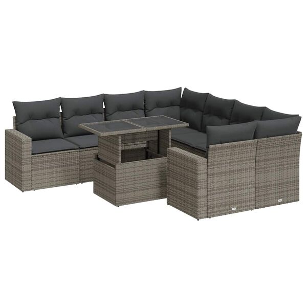 vidaXL Salon de jardin 9 pcs avec coussins gris r&eacute;sine tress&eacute;e