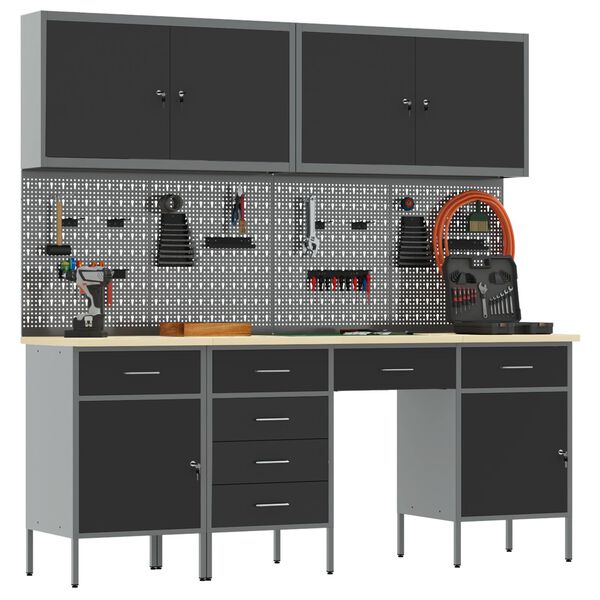 vidaXL Établi avec tiroir 10 pcs Noir 200 x 55 x 200 cm Acier