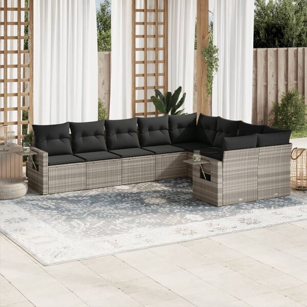 vidaXL Salon de jardin 9 pcs avec coussins gris clair r&eacute;sine tress&eacute;e
