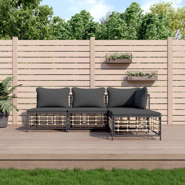 vidaXL Salon de jardin 4 pcs avec coussins anthracite résine tressée