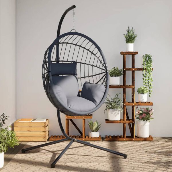 vidaXL Chaise suspendue en forme d'&oelig;uf et support gris rotin et acier