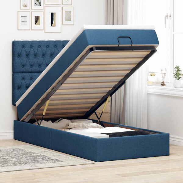 vidaXL Lit ottoman avec matelas bleu 90x200 cm tissu
