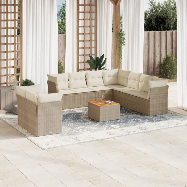 vidaXL Salon de jardin avec coussins 10 pcs beige r&eacute;sine tress&eacute;e