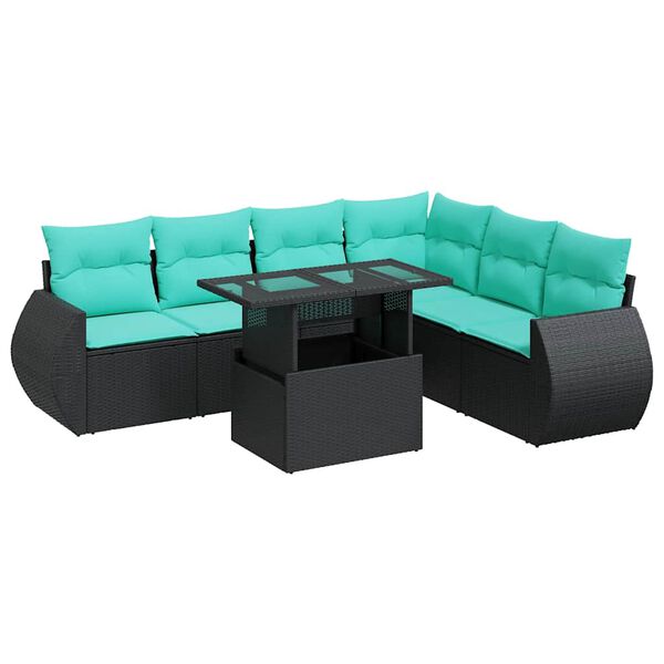vidaXL Salon de jardin avec coussins 7 pcs noir r&eacute;sine tress&eacute;e acacia