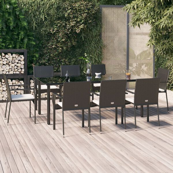 vidaXL Ensemble &agrave; manger jardin 9pcs et coussins noir r&eacute;sine tress&eacute;e
