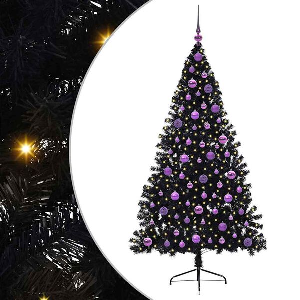 vidaXL Sapin de No&euml;l artificiel pr&eacute;-&eacute;clair&eacute; Noir 180 cm PVC