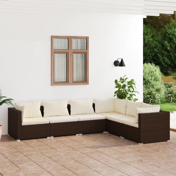 vidaXL Salon de jardin 6 pcs avec coussins R&eacute;sine tress&eacute;e Marron