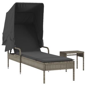 vidaXL Chaise longue avec auvent et table gris r&eacute;sine tress&eacute;e