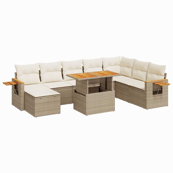 vidaXL Salon de jardin avec coussins 9 pcs beige r&eacute;sine tress&eacute;e acacia