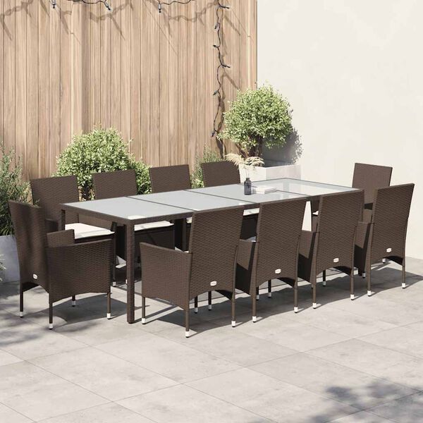 vidaXL Ensemble &agrave; manger de jardin coussins 11 pcs marron rotin verre