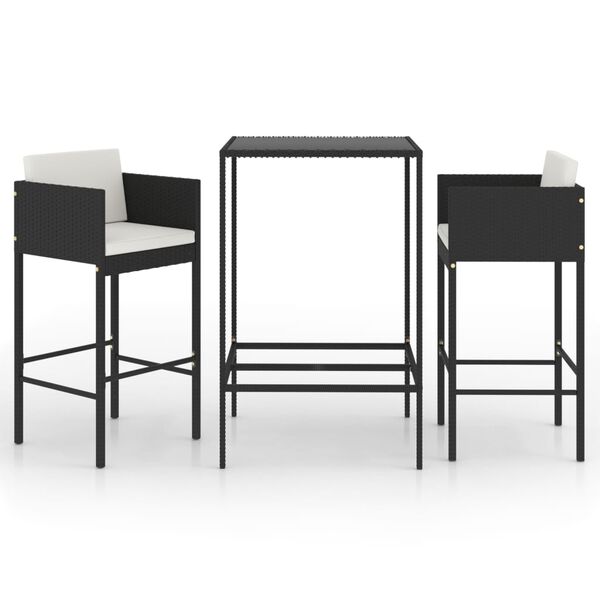 vidaXL Ensemble de bar de jardin 3 pcs et coussins Résine tressée Noir