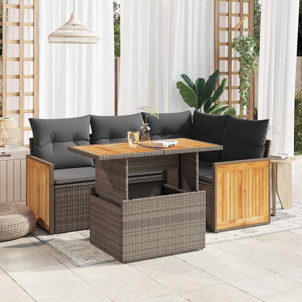 vidaXL Salon de jardin 5 pcs avec coussins gris r&eacute;sine tress&eacute;e acacia