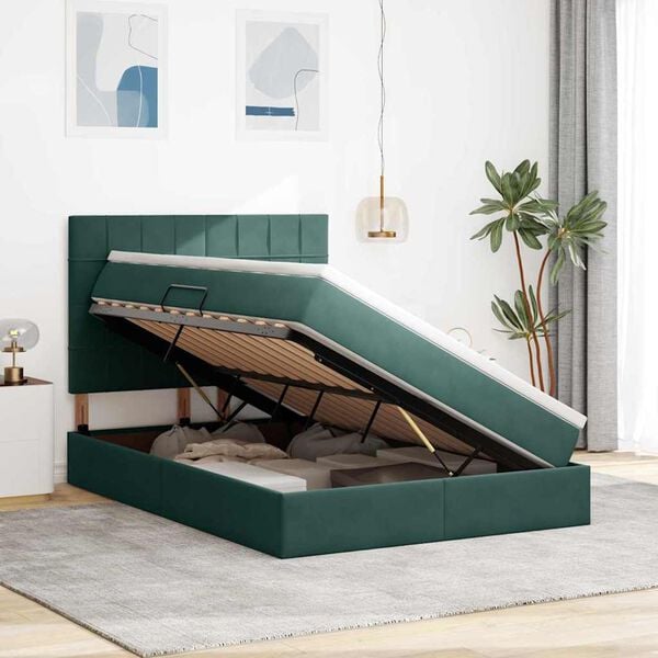 vidaXL Lit avec rangement et matelas Vert fonc&eacute; 140 x 200 cm Velours