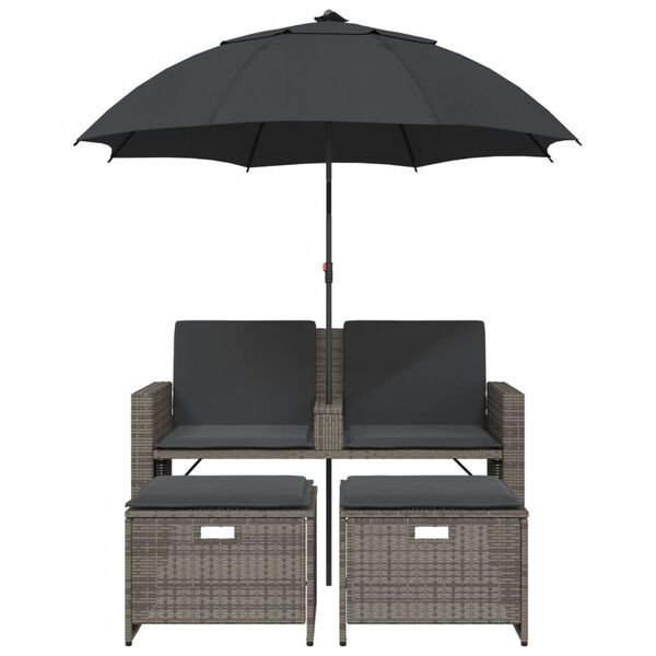 vidaXL Canapé de jardin 2 places avec parasol et tabourets gris rotin