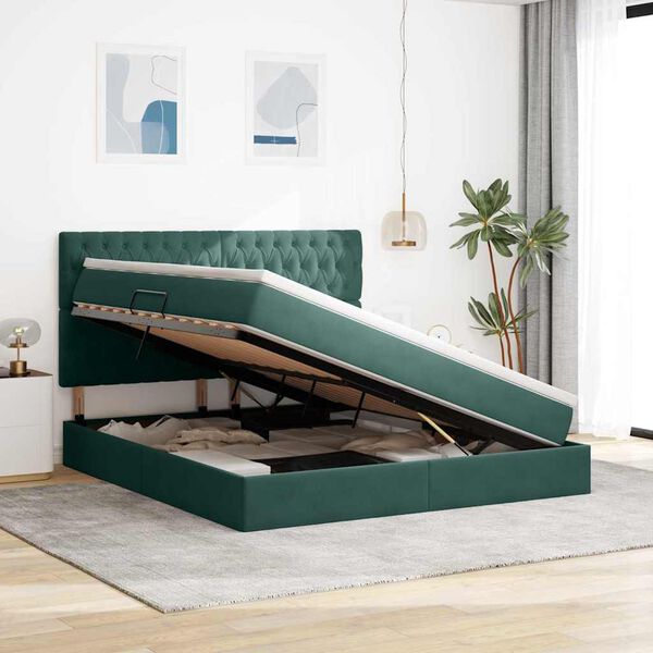 vidaXL Lit avec rangement et matelas Vert fonc&eacute; 160 x 200 cm Velours