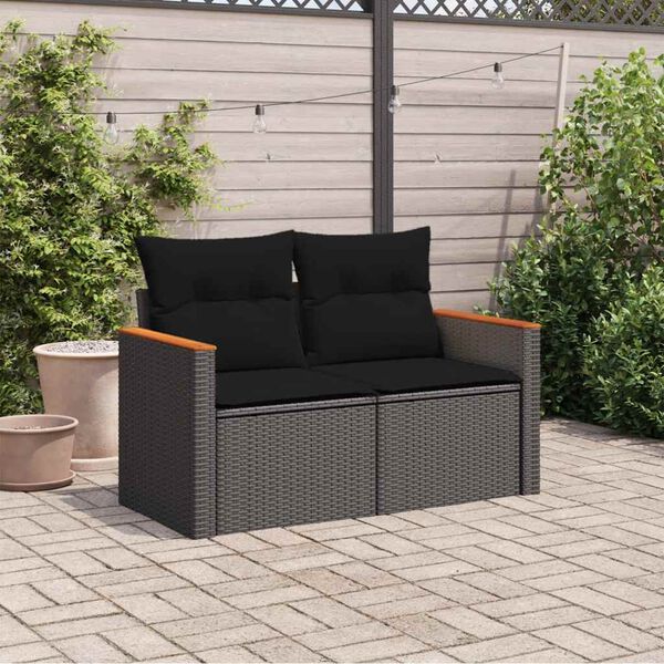 vidaXL Canapé de jardin avec coussins 2 places en polyrotin noir