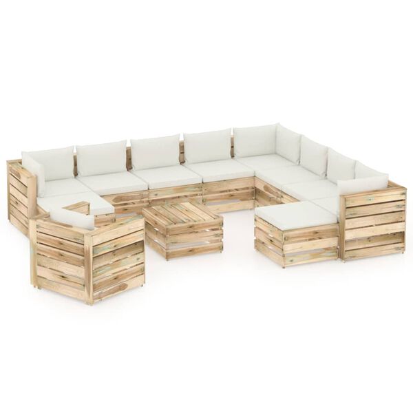 vidaXL Salon de jardin 12 pcs avec coussins vert bois impr&eacute;gn&eacute;