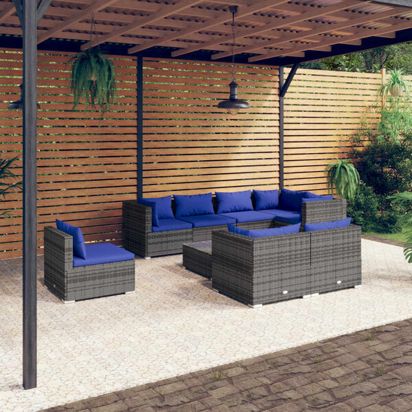 vidaXL Salon de jardin 9 pcs avec coussins Résine tressée Gris