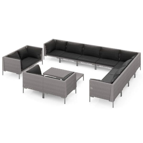 vidaXL Salon de jardin 13 pcs avec coussins R&eacute;sine tress&eacute;e Gris fonc&eacute;