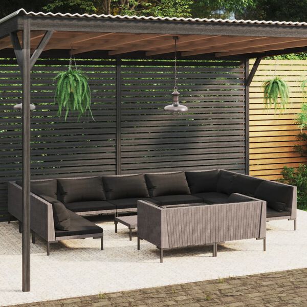 vidaXL Salon de jardin 12 pcs avec coussins Résine tressée Gris foncé