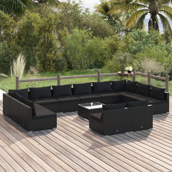vidaXL Salon de jardin 13 pcs avec coussins Noir R&eacute;sine tress&eacute;e