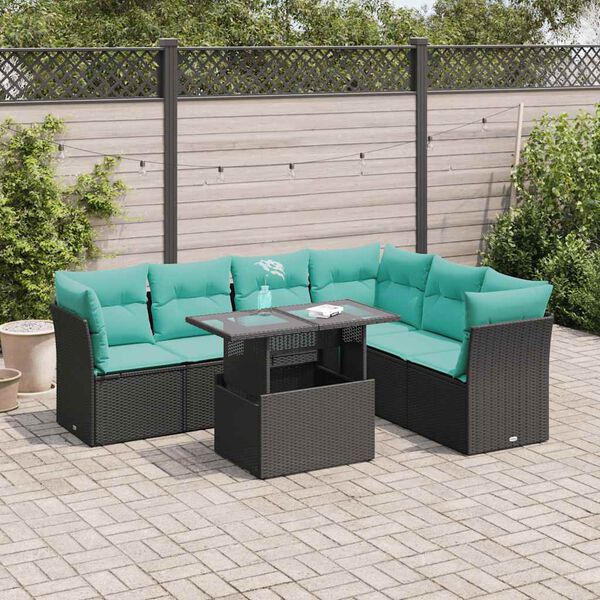 vidaXL Salon de jardin avec coussins 7pcs noir r&eacute;sine tress&eacute;e acacia