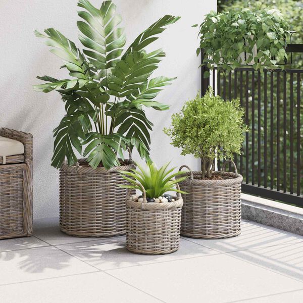 vidaXL Panier &agrave; plantes avec stockage 3 pcs Gris Kubu Rattan Kubu
