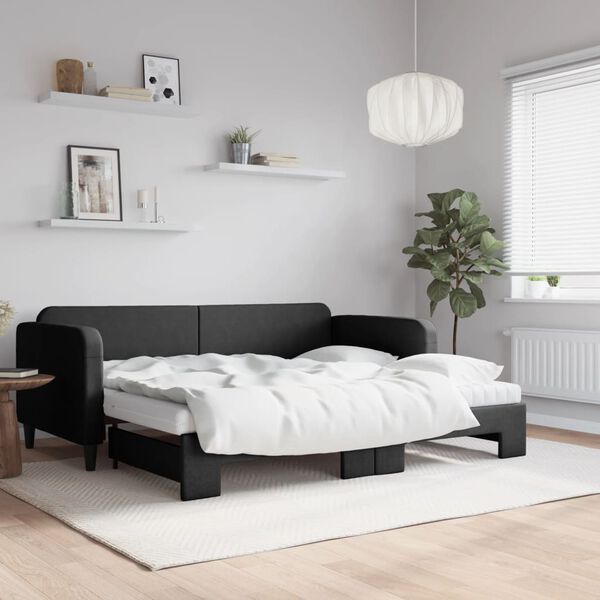 vidaXL Lit de jour avec gigogne et matelas noir 90x200 cm tissu