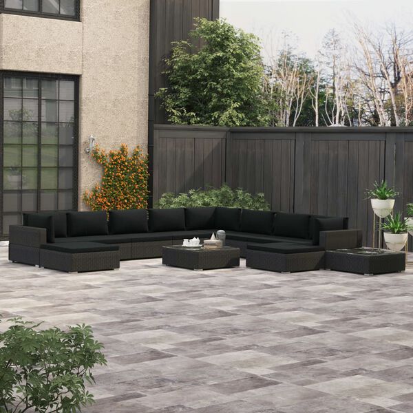 vidaXL Salon de jardin 12 pcs avec coussins résine tressée noir