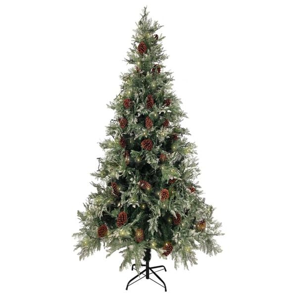 vidaXL Sapin de Noël pré-éclairé pommes de pin vert blanc 225cm PVC PE