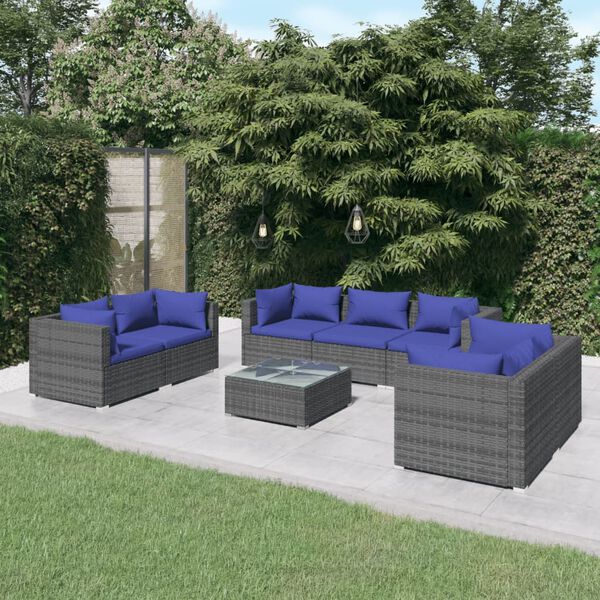 vidaXL Salon de jardin 8 pcs avec coussins r&eacute;sine tress&eacute;e gris
