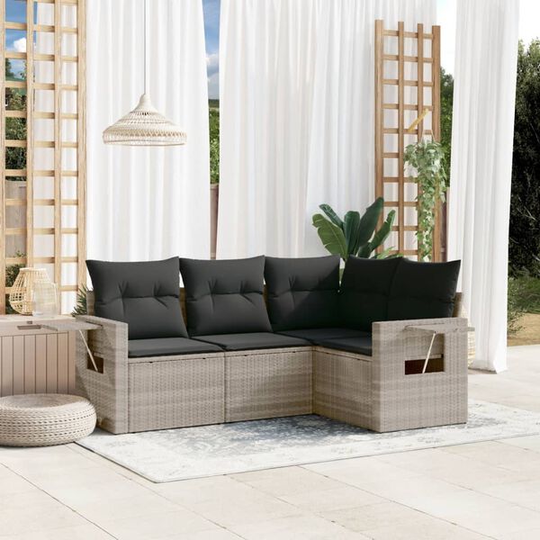 vidaXL Salon de jardin 4 pcs avec coussins gris clair r&eacute;sine tress&eacute;e