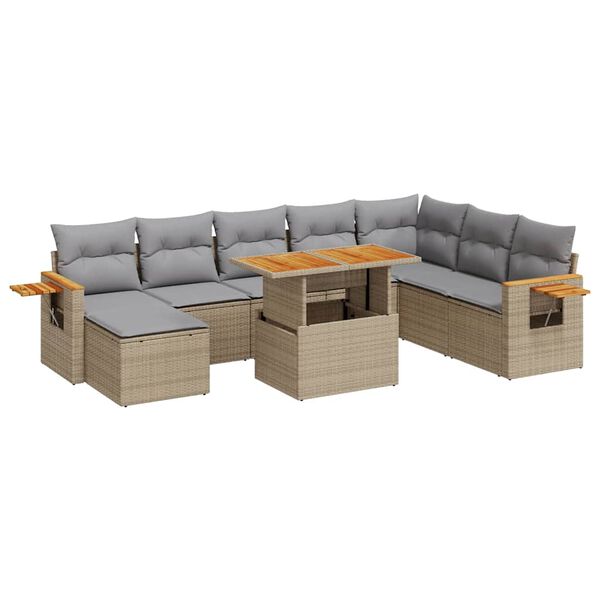 vidaXL Salon de jardin avec coussins 9 pcs beige r&eacute;sine tress&eacute;e acacia